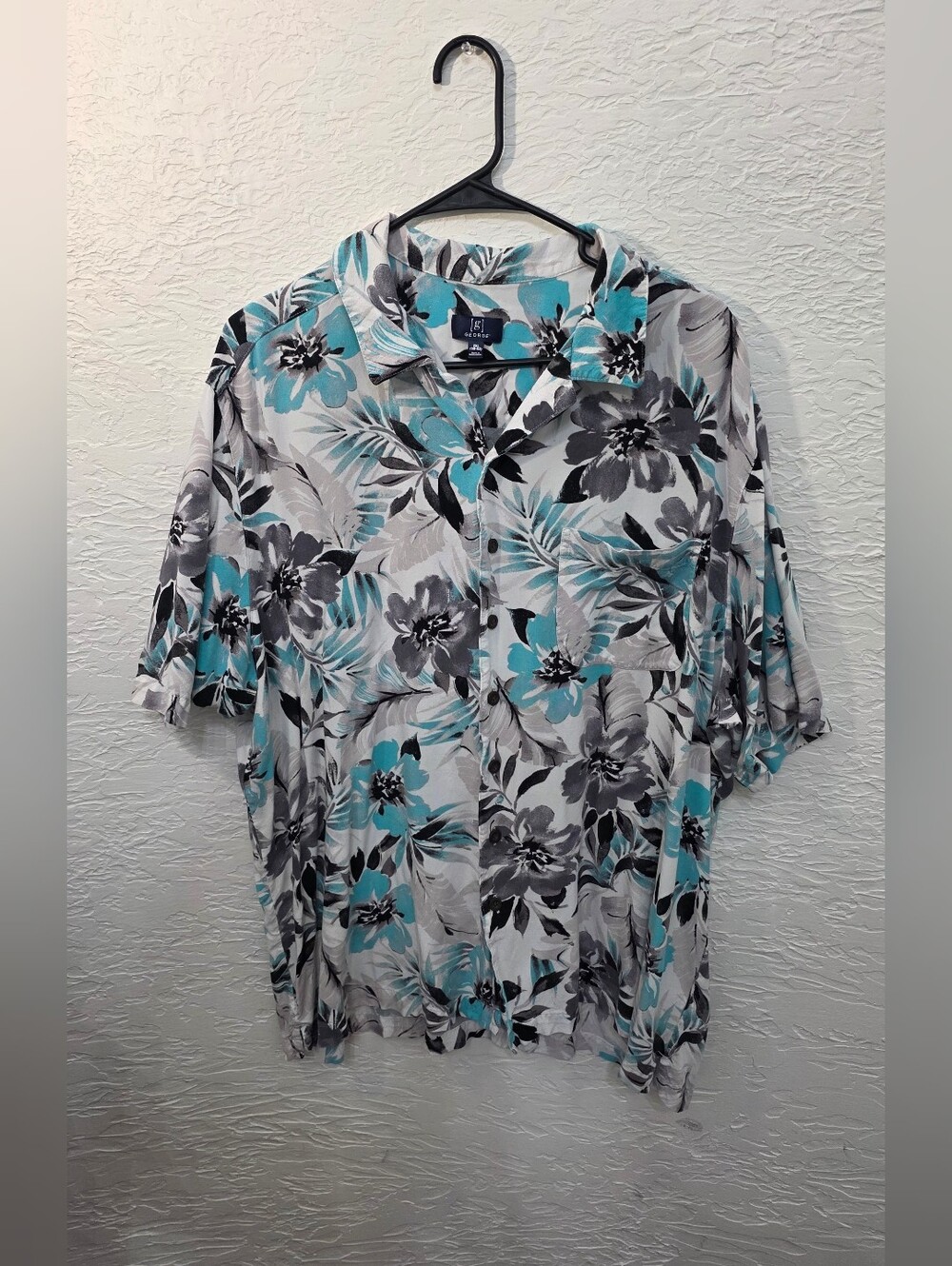 George Mens Aqua Blue & Gray Tropical Floral Hawaiian Short Sleeve Shirt 2XL